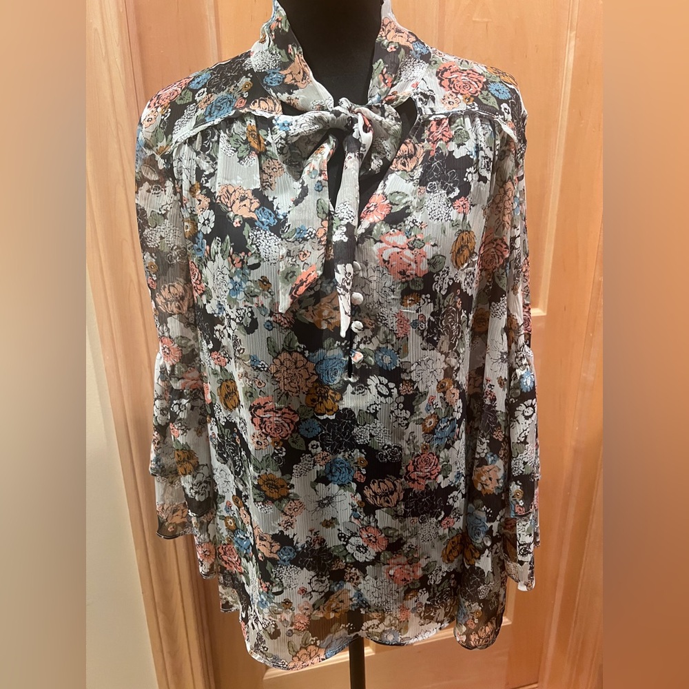 LC Floral Semi- Sheer Blouse Tie Neck Tiered Bell Sleeve Romantic Cottagecore L